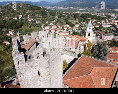 Arcola,  La Spezia, Liguria / Italy - 10/15/2020: Aerial view of Arcola with the pentagonal tower Stock Photo