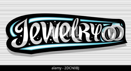 Vector logo for Jewelry, dark signboard with illustration of pair silver rings with diamonds and blue precious stone, badge with decorative flourishes Stock Vector