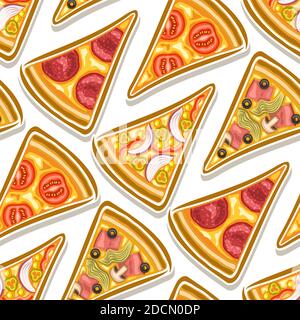Vector Pizza Seamless Pattern, square repeating pizza background, group of cut out illustrations flat lay triangle pizza slices of assorted types on w Stock Vector