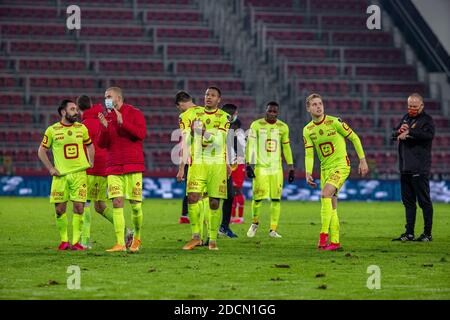 Mechelen's players celebrate after winning a soccer match between Zulte Waregem and KV Mechelen, Sunday 22 November 2020 in Waregem, on day 13 of the Stock Photo