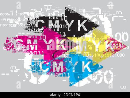 Expressive Arrows with binary codes, print data. Grunge stylized arrows with binary codes and CMYK inscription. Vector available. Stock Vector