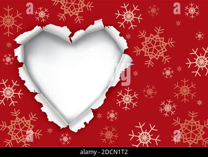 Christmas ripped paper with heart, red background with snowflakes. Illustration of red torn paper background with heart shaped hole. Stock Vector