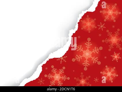 Christmas ripped paper, red background with snowflakes.  Illustration of red diagonal torn paper background with place for your text or image. Stock Vector