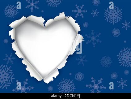 Christmas ripped paper with heart, blue background with snowflakes. Illustration of blue torn paper background with heart shaped hole. Stock Vector