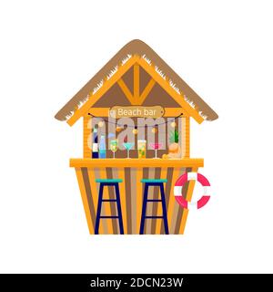 Beach tropical tiki bar with fruit shakes, alcohol drinks and exotic cocktails. Summer vacation concept with cafe bungalows on the ocean coast. Flat Stock Vector