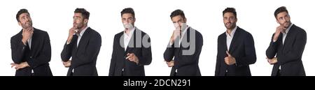 Set of young business man portraits doing different gestures studio isolated on white background Stock Photo