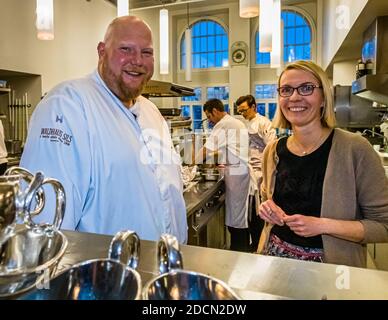 Kitchenchef Gero Porstein of Hotel Waldhaus with food journalist Angela Berg in Sils im Engadin/Segl, Switzerland