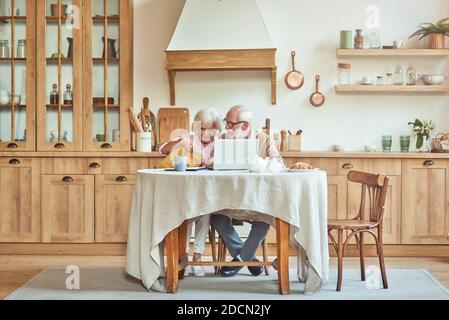 Smiling senior spouses managing household document pay bills while using laptop at the kitchen at home. Family and household concept Stock Photo