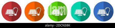 Light bulb and solar panel vector icon set, red, blue, green and orange flat design web buttons isolated on white, vector illustration Stock Vector