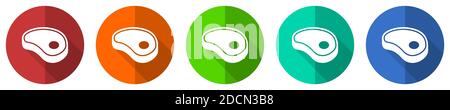 Meat, steak vector icon set, red, blue, green and orange flat design web buttons isolated on white, vector illustration Stock Vector