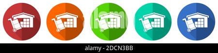 Warehouse and shipping barrow, delivery, freight concept vector icon set, red, blue, green and orange flat design web buttons isolated on white, vecto Stock Vector