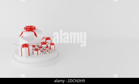 3D Rendering illustration. Open and close white gift box with red ribbon on circle podium white colour. Merry Christmas and Happy New Year concept. Wh Stock Photo