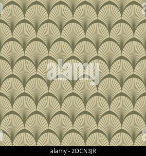 Elegant seamless art deco pattern with fans or palm leaves. Background with elements in shape of shell. Endless backdrop in style of nouveau. Stock Vector