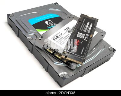 Different SSD M2 disk drive isolated on white background. 3d ...