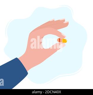 Human hand holding pill between fingers vector illustration in flat style. Medication treatment, pharmacy and medicine, concept vector illustration Stock Vector