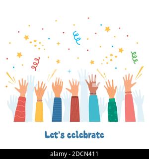 Raised hands of happy people celebrating. Crowd of people at party. People celebrate. Firecrackers, confetti, fireworks, carnival. Diverse young peopl Stock Vector