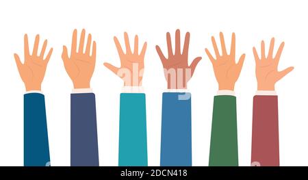 Multicultural crowd of people with hands up, teamwork of multinational team. Male and female hands. Teamwork, friendship, unity, help, volunteering co Stock Vector