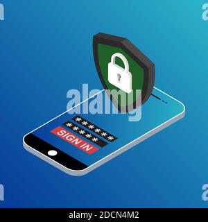 Password authorization concept, phone, security shield, lock with isometric 3D view of login window. Vector illustration . Stock Vector