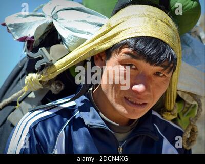 Professional mountain porter (Sherpa) carries a 60-kg-load with his traditional headband (tumpline) and looks at camera on Everest Base Camp Trek. Stock Photo