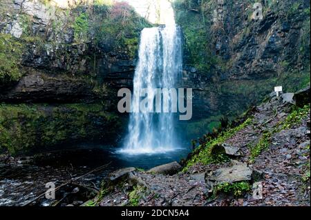 Winter view of Henrhyd Falls near Coelbren, the highest waterfall in South Wales, UK Stock Photo