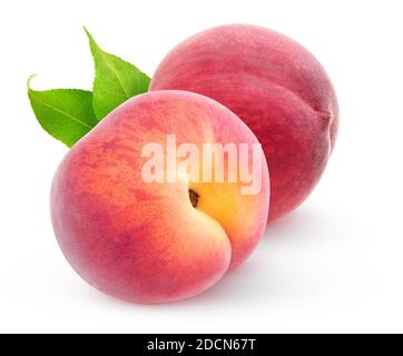 Isolated peaches. Two fresh peach fruits with leaves on white background Stock Photo