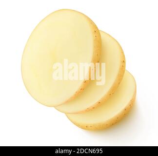Three slices of raw potato in a row on top of each other isolated on white background Stock Photo