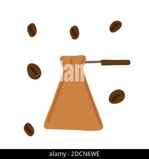 coffeepot and some coffee beans around. turkish brasilian drink. Hand drawn vector illustration isolated on white background Stock Vector