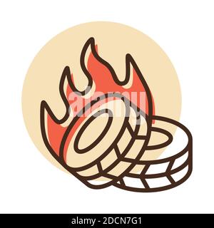 Two lying burning tires revolutionary barricade vector icon. Demonstration, protest, strike, revolution Stock Vector