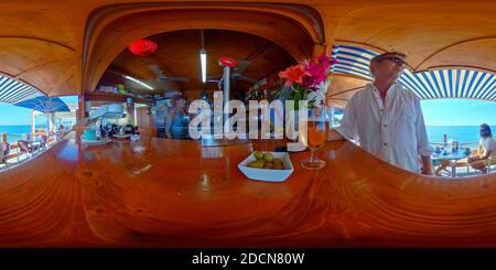 360 degree panoramic view of Chringuito „El Sigarro“, beach bar on La Olla beach near the town of Altea , Alicante province, Spain