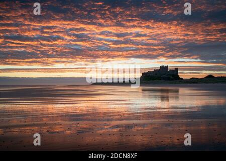 The tail end of a vibrant sunrise over the imposing form of Bamburgh Castle on an early November morning with the sun setting along the coast. Stock Photo