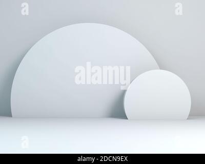 Minimal white still life installation with two truncated circles in an empty interior. 3d rendering illustration Stock Photo