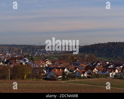 Beautiful view over residential area in Hessigheim, Germany with mainly single- and two-family houses and vineyards in front. Stock Photo