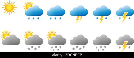 Different sun and cloudy icons for rainy and overcast weather types colorful icon symbols Stock Vector