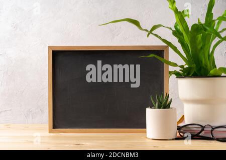 Mock up chalk blackboard frame on the wooden table with beautiful cacti and plant in design concrete pots. Gray walls. Shopping concept. Stock Photo
