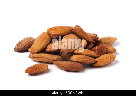 Almond kernels isolated on white. Heap of almond nut kernels Stock Photo