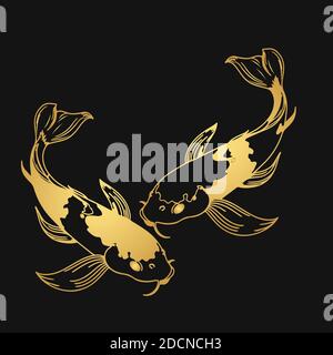 gold japanese carps sketch tattoo freehand on black background Stock Vector