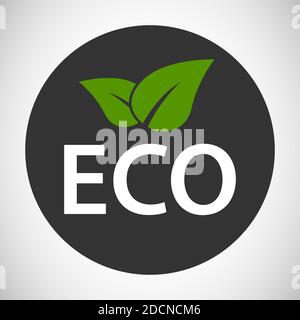 Grey eco button icon symbol logo with green leaves Stock Vector