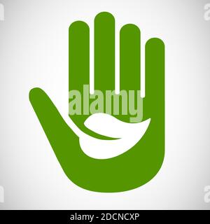 Green eco stop sign hand icon with leaf symbol Stock Vector