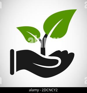 Grey hand and green growing leaves ecology agriculture symbol icon Stock Vector