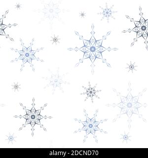 Seamless pattern of geometric different blue tones snowflakes different sizes on white background. Flat style winter holiday and Happy New Year concep Stock Photo
