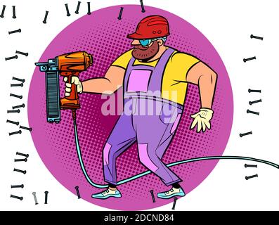 A worker drills a wall with a drill or a puncher. Renovation and construction Stock Vector