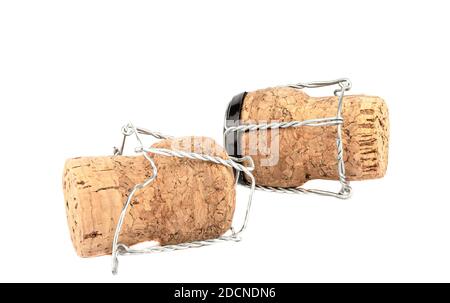 Close up. Champagne corks with muselis isolated on white background. Copy space. Stock Photo