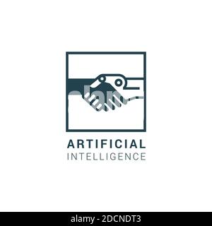 The partnership of artificial intelligence and human linear flat icon in the form of a logo and inscription. Isolated in white background. EPS 10. Stock Vector