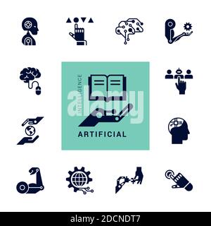 A large collection of linear icons of artificial intelligence and cyber technologies isolated on a white background. EPS 10. Stock Vector