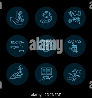 A dark collection of linear icons of robotics, artificial intelligence and modern technology is isolated in the background. EPS 10. Stock Vector