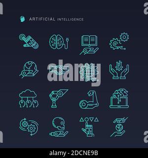 Icons of robotics and artificial intelligence in a linear style drawn on a dark background isolated. EPS 10. Stock Vector