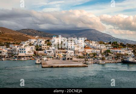 Located on the west coast of the Andros island, Gavrio is the only port connecting Andros to Rafina. Once a fishing village, now it is a summer resort Stock Photo