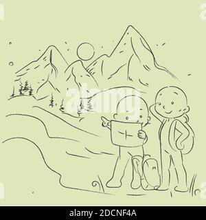 Couple of young tourists traveling people with travel bag backpack and map, going on vacation trip.Travel and tourism concept. Hand drawn Vector Stock Vector