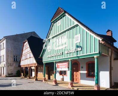 Vrchlabi (Hohenelbe): traditional houses, today museum and information center in Krkonose (Giant Mountains, Riesengebirge), Kralovehradecky, Hradec Kr Stock Photo