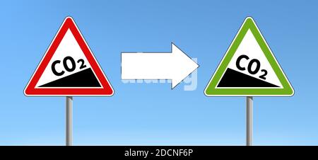CO2 emission reduction triangular shape sign with blue sky background vector illustration Stock Vector